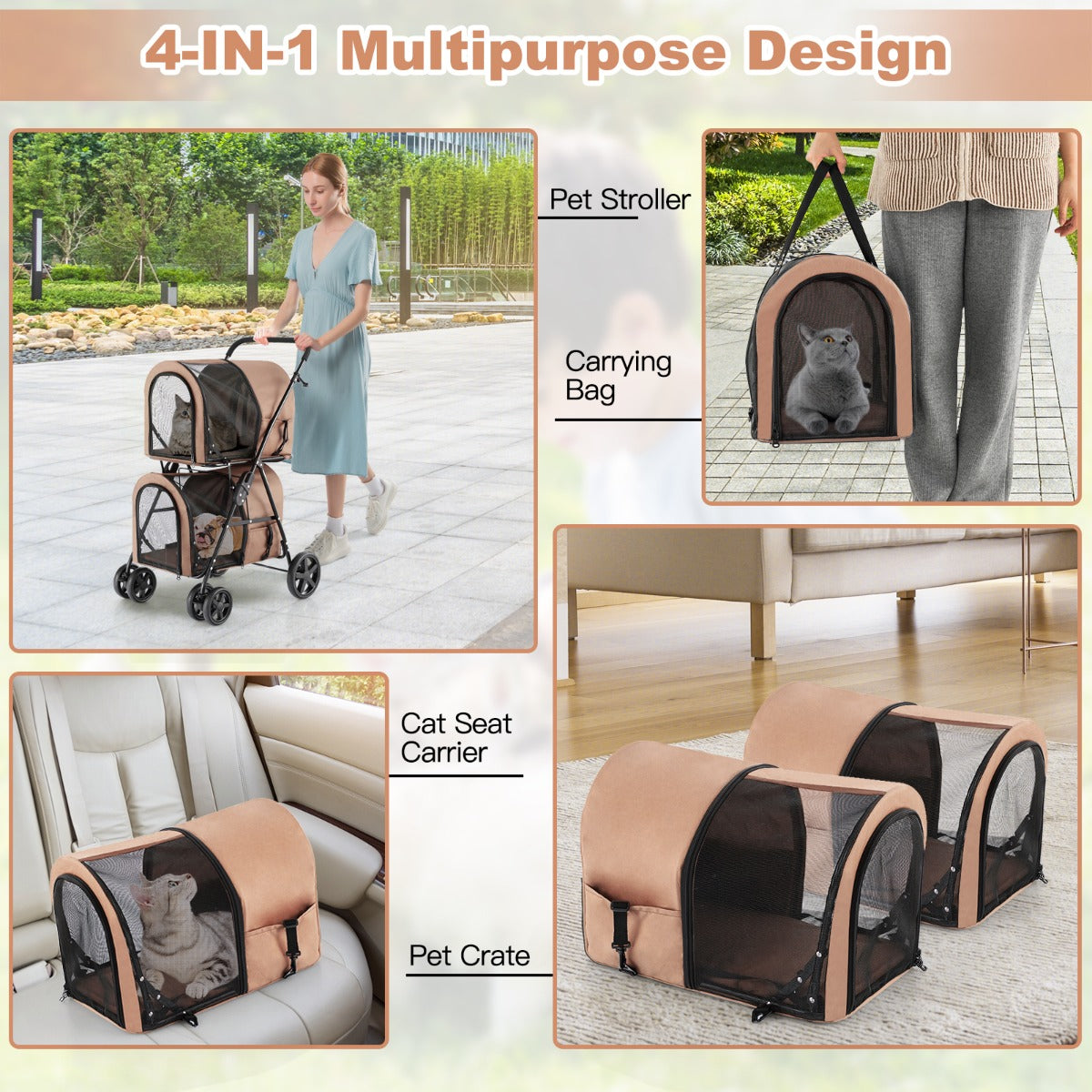LIVSK 4-in-1 Huisdierenwandelwagen - Draagtas, Autozitje, Huisdierkrat - Opvouwbaar - Hoogwaardig Oxford Doek - Beige