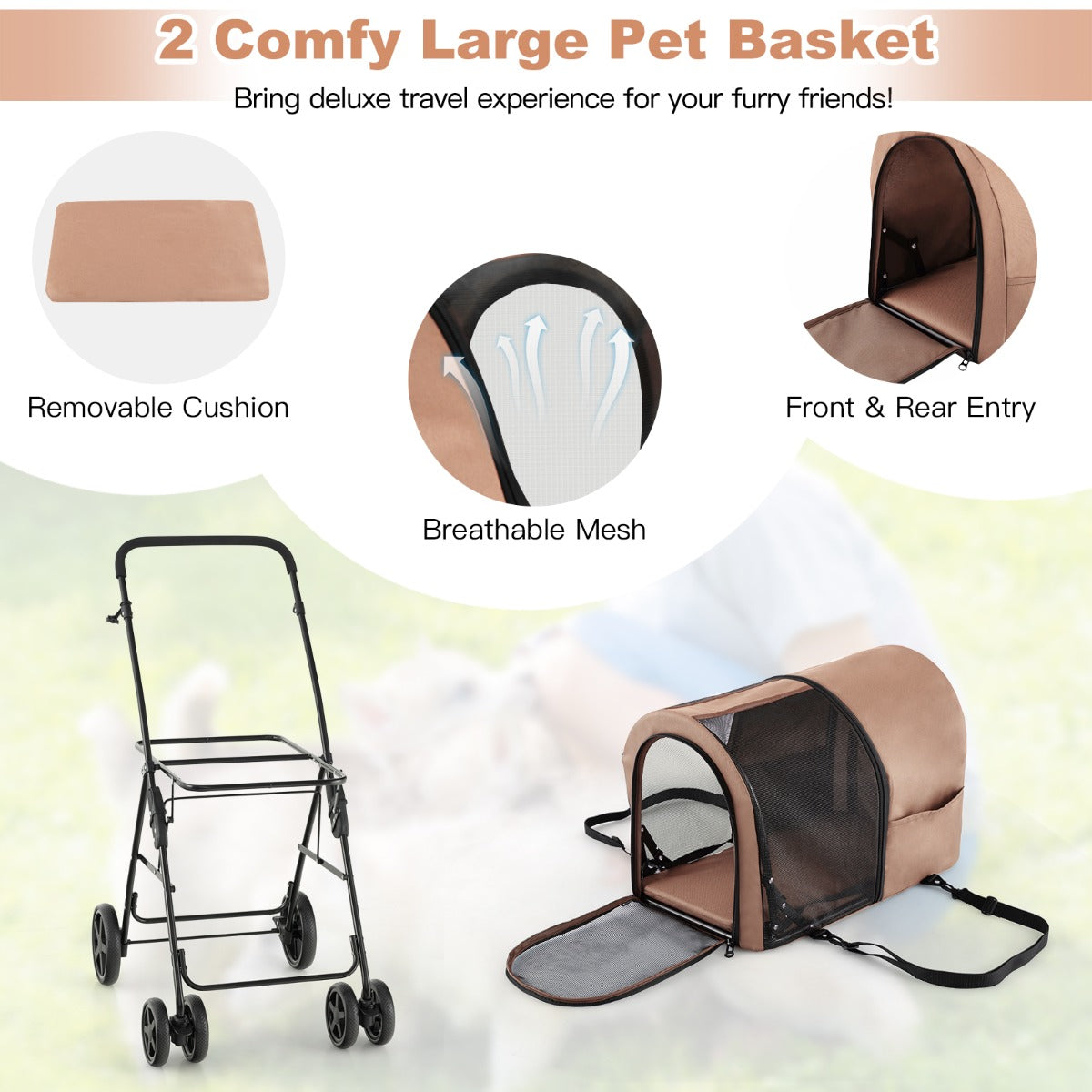 LIVSK 4-in-1 Huisdierenwandelwagen - Draagtas, Autozitje, Huisdierkrat - Opvouwbaar - Hoogwaardig Oxford Doek - Beige
