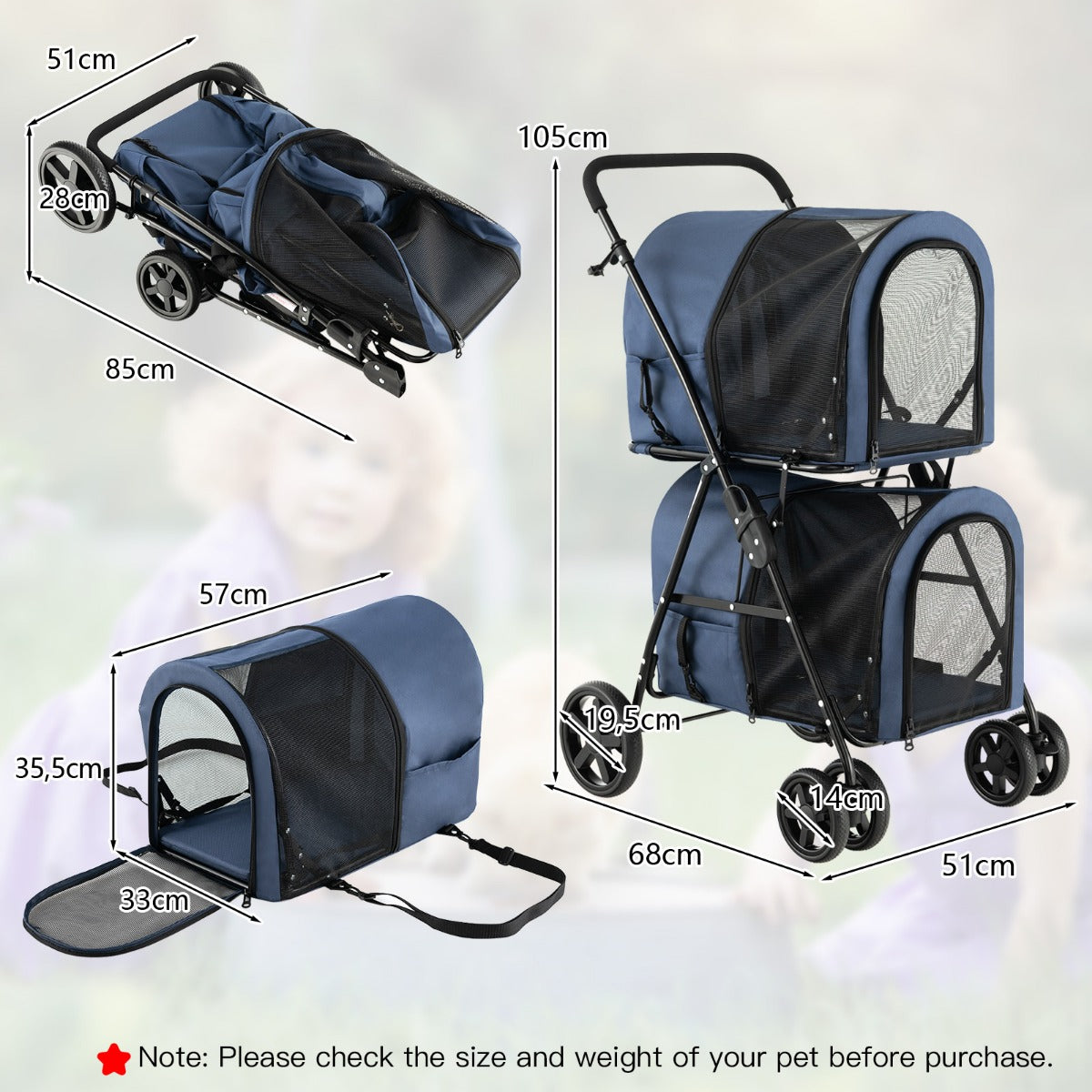 LIVSK 4-in-1 Huisdierenwandelwagen - Draagtas, Autozitje, Huisdierkrat - Duurzaam Oxford-doek - Veiligheid met EVA-wielen -