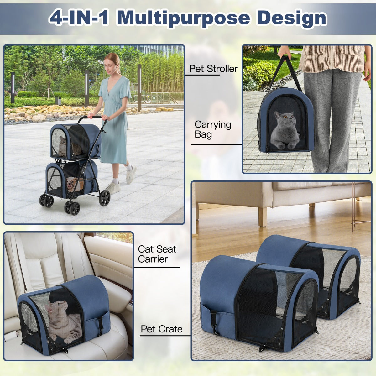 LIVSK 4-in-1 Huisdierenwandelwagen - Draagtas, Autozitje, Huisdierkrat - Duurzaam Oxford-doek - Veiligheid met EVA-wielen -