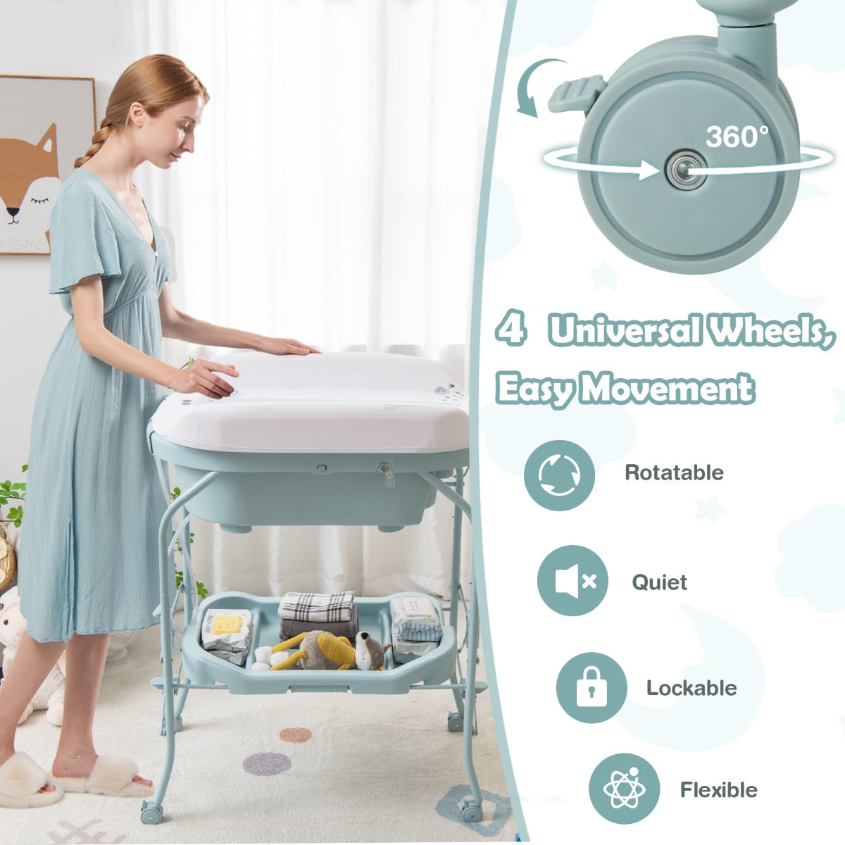 LIVSK Opvouwbare Commode met Badkuip - 4-in-1 Ontwerp - Ergonomisch - Opbergvakken - Makkelijk Verplaatsbaar - Blauw