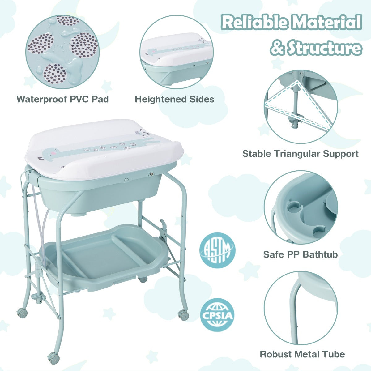 LIVSK Opvouwbare Commode met Badkuip - 4-in-1 Ontwerp - Ergonomisch - Opbergvakken - Makkelijk Verplaatsbaar - Blauw