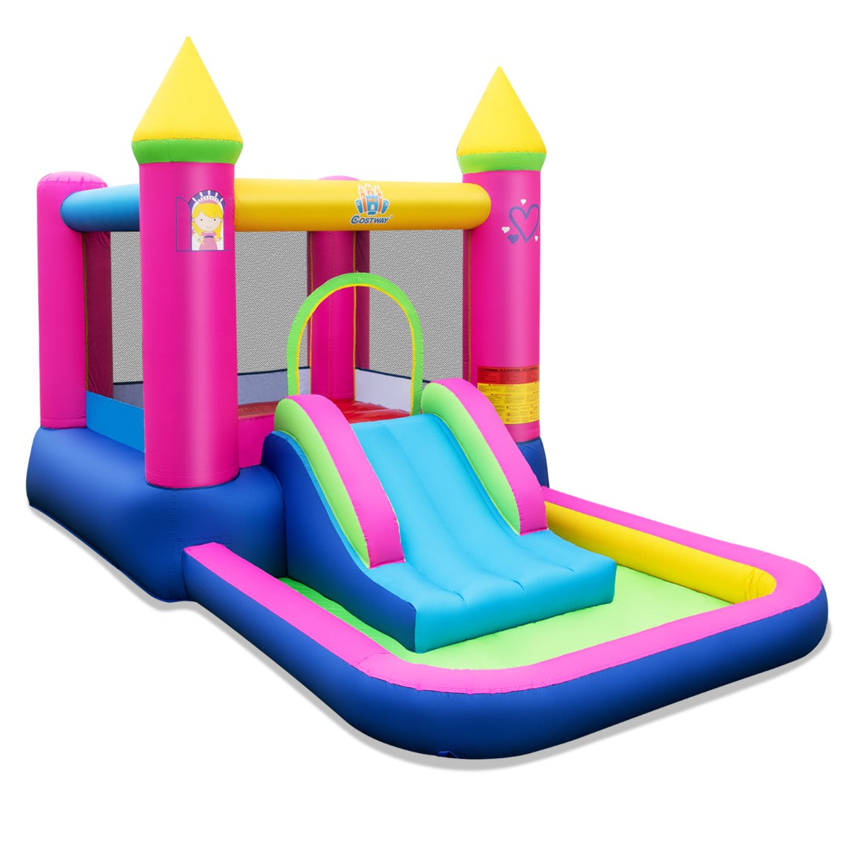 LIVSK 4-in-1 Prinsessenthema Springkasteel - Glijbaan - Basketbalhoepel - Ballenbad - Duurzaam en Veilig - 363 x 202 x 205 cm -