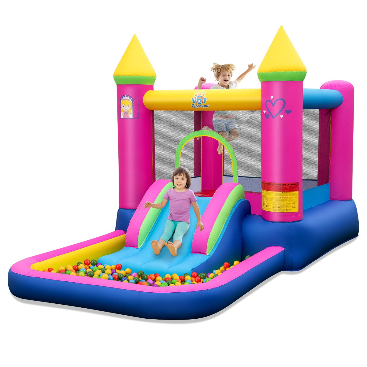 LIVSK 4-in-1 Prinsessenthema Springkasteel - Glijbaan - Basketbalhoepel - Ballenbad - Duurzaam en Veilig - 363 x 202 x 205 cm -