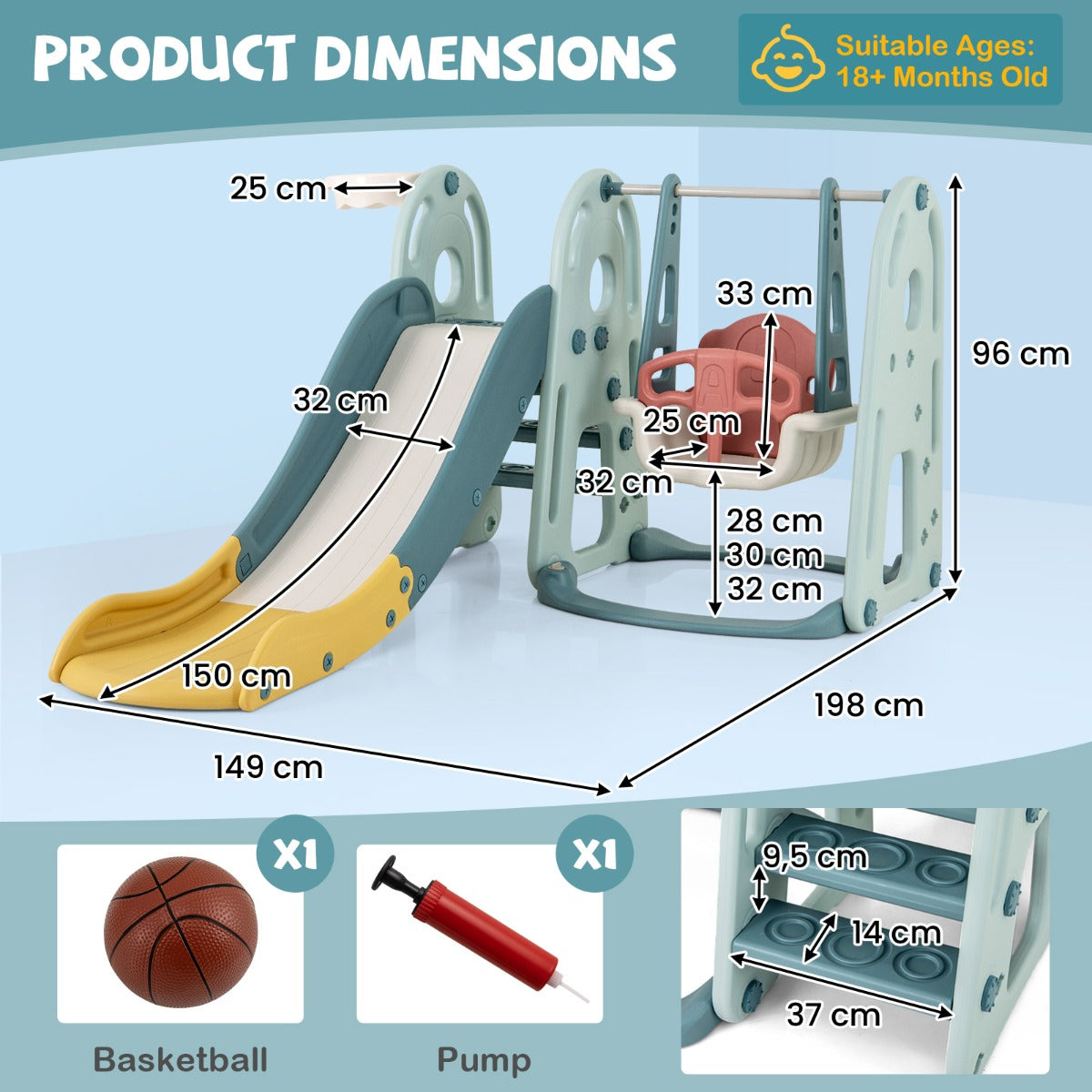 LIVSK 4-in-1 Kinderspeelset - Glijbaan, Schommel, Basketbalring en Trap - In hoogte verstelbaar - Voor kinderen vanaf 18 maanden