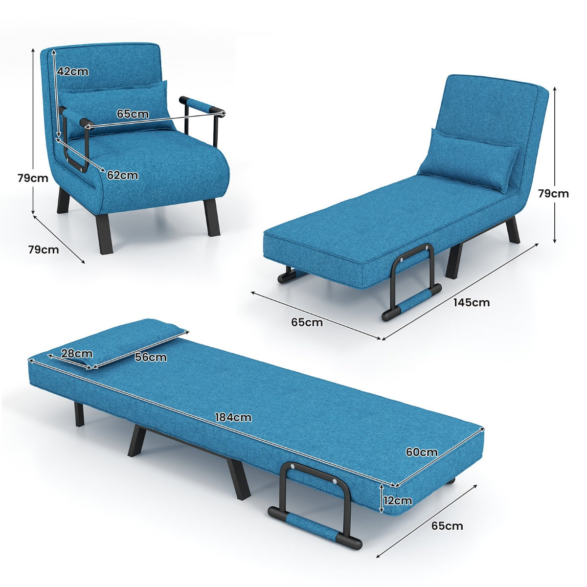 LIVSK Verstelbare Slaapstoel - Inklapbaar 4-in-1 Design - Hoogwaardig Linnen - 79 x 65 x 79 cm - Comfortabel - Blauw