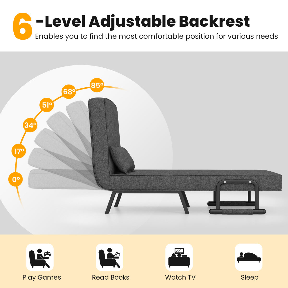 LIVSK 4-in-1 Slaapstoel Donkergrijs - Inklapbaar - 6-voudig Verstelbare Rugleuning - Comfortabel Kussen - Multifunctioneel
