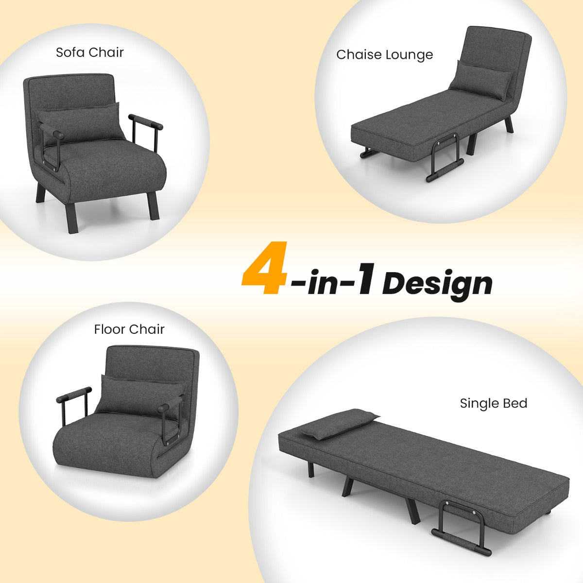 LIVSK 4-in-1 Slaapstoel Donkergrijs - Inklapbaar - 6-voudig Verstelbare Rugleuning - Comfortabel Kussen - Multifunctioneel