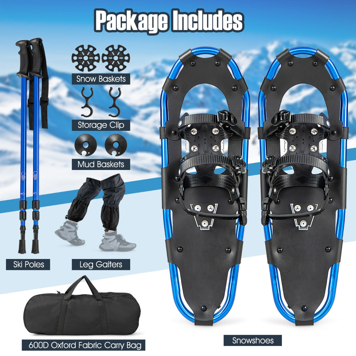 LIVSK Sneeuwschoenen Set - Lichtgewicht Aluminium - Verstelbare Trekkingstokken - Inclusief Draagtas en Gaiters - Marineblauw