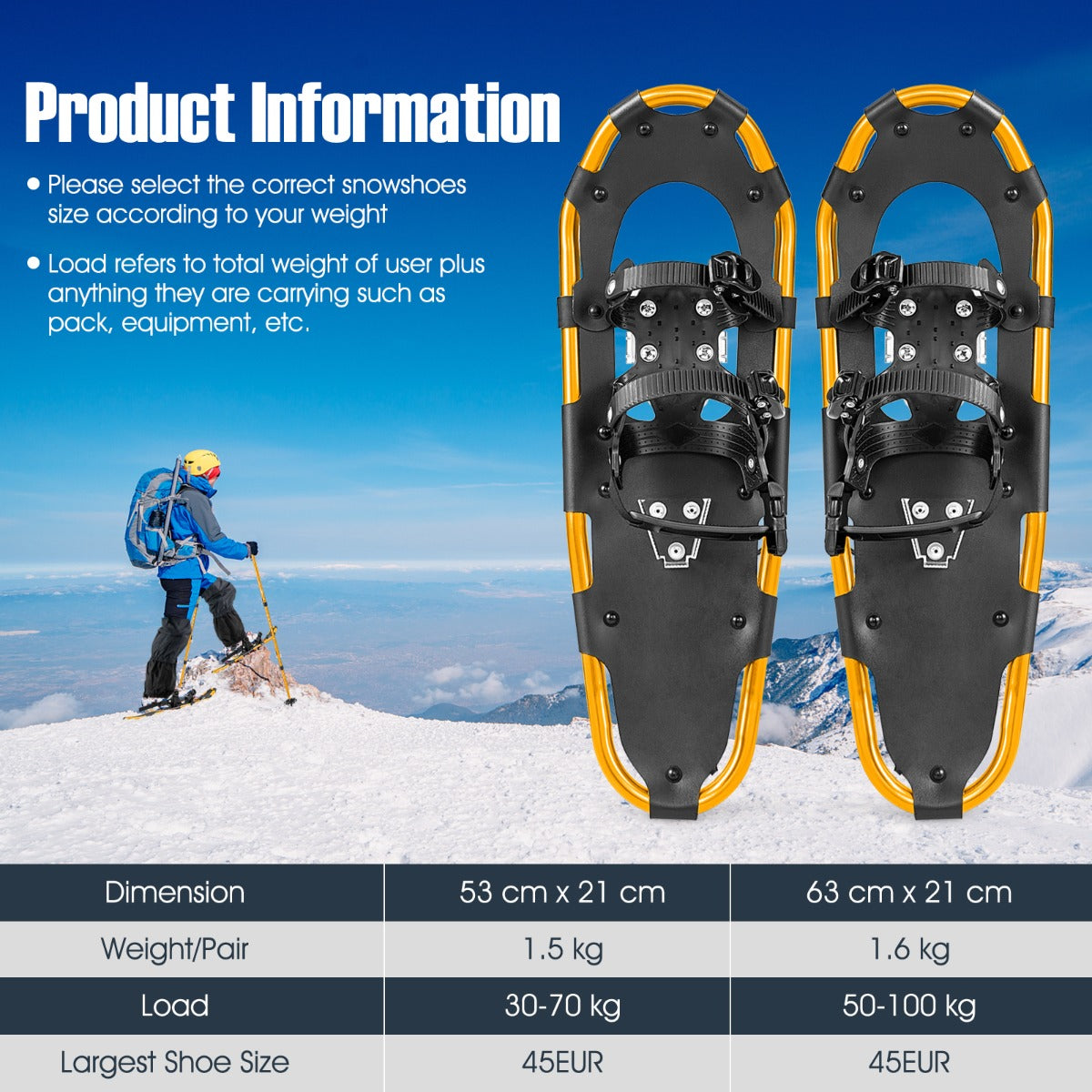 LIVSK Sneeuwschoenen Set - Robuust Aluminium - Lichtgewicht - Verstelbare Trekkingstokken - Tot -40℃ - Goud