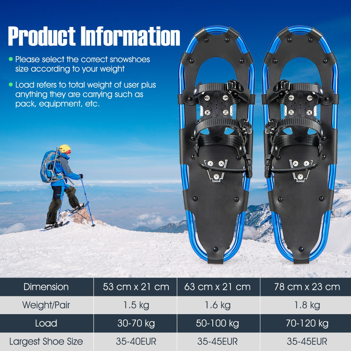 LIVSK Sneeuwschoenen Set - Lichtgewicht Aluminium - Verstelbare Ratels - Tot -40℃ - Inclusief Trekkingstokken - Marineblauw