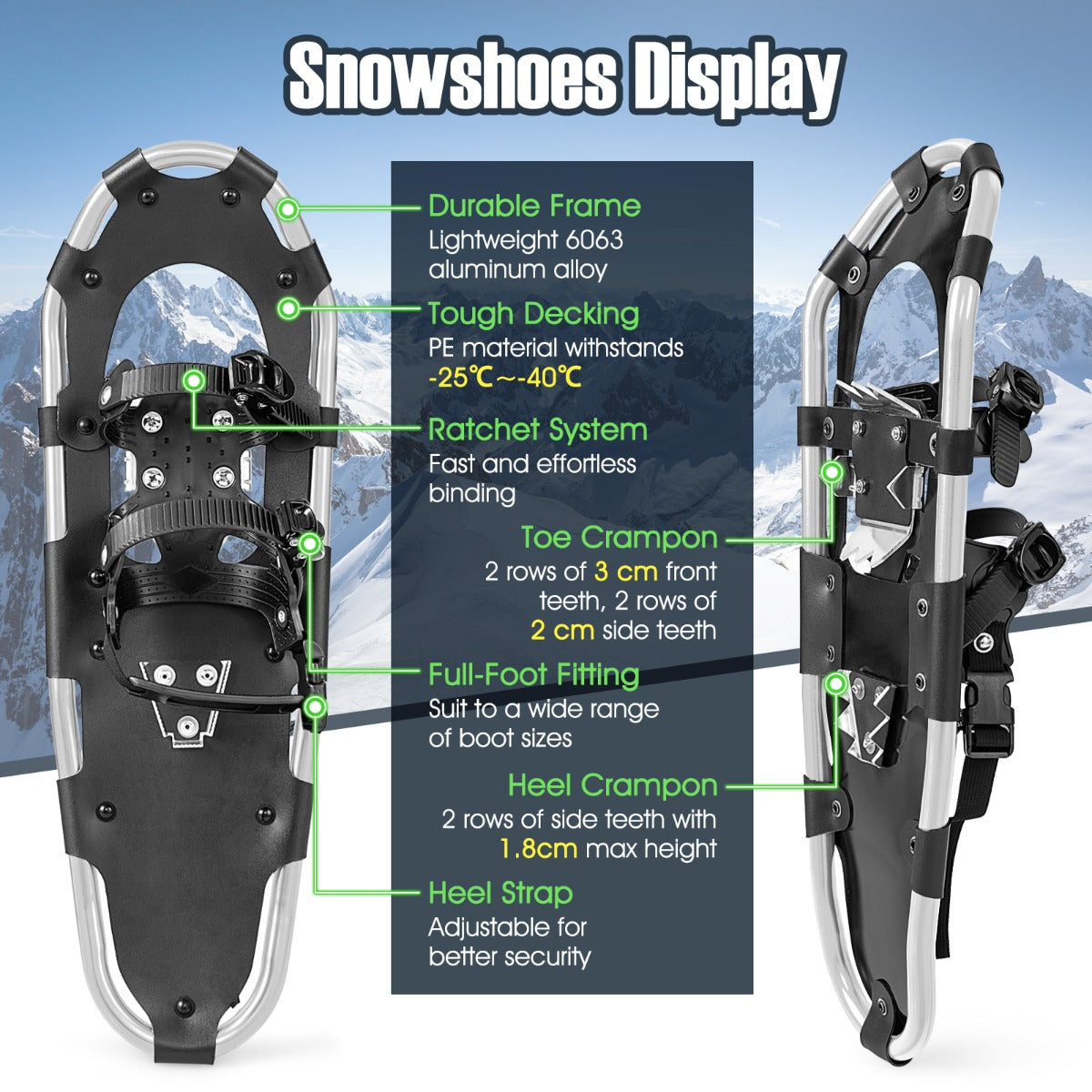 LIVSK Sneeuwschoenen Set - Lichtgewicht Aluminium - Tot -40℃ - Verstelbare Trekkingstokken - Inclusief Draagtas - Zilver