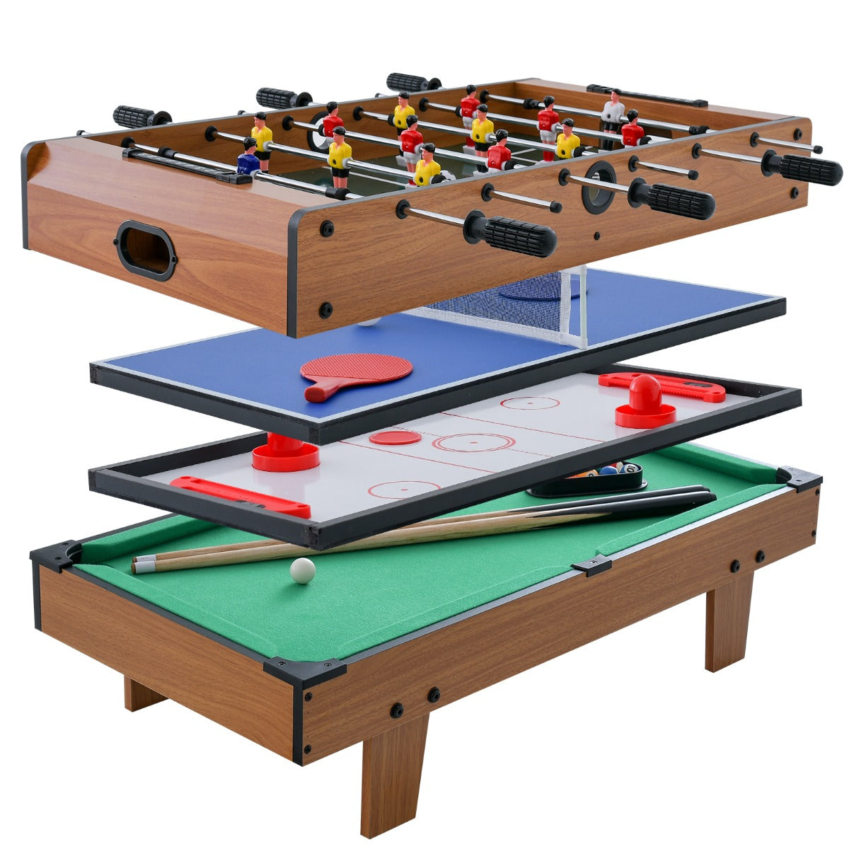 LIVSK 4-in-1 Speltafel - Tafelvoetbal, Biljart, Tafeltennis, Hockey - Inclusief Accessoires - Compact - Natuurlijk