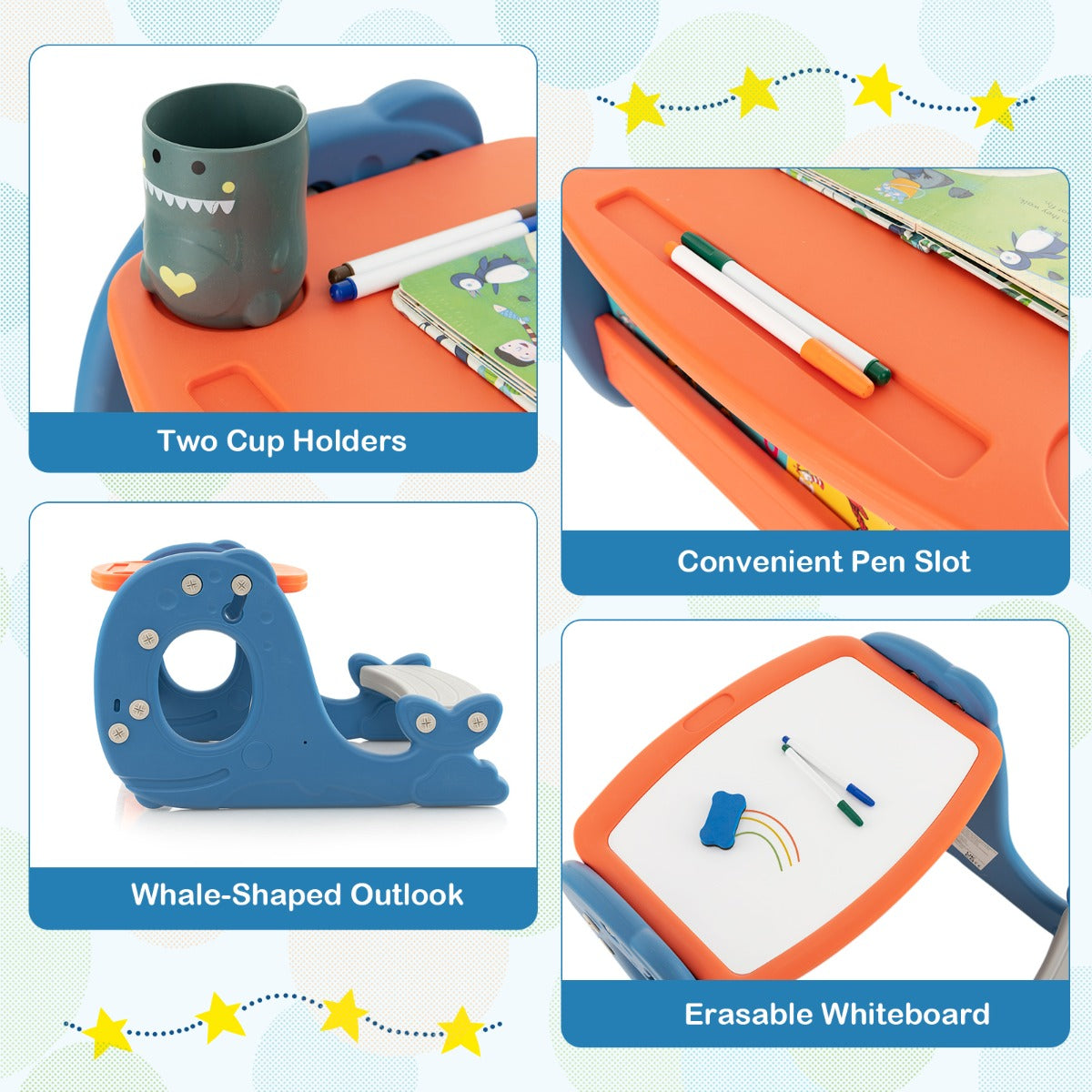 LIVSK Walvisvormige Kinderkunsttafel met Bankje - 4-in-1 Multifunctioneel - Dubbelzijdig Blad - Veilig en Creatief - Blauw +