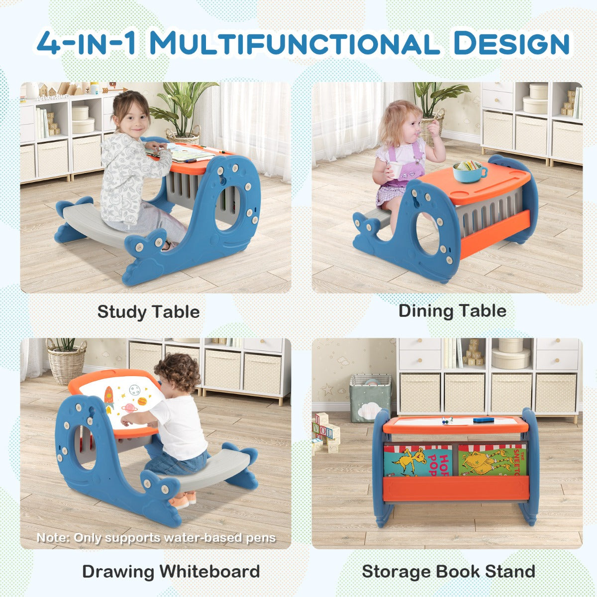 LIVSK Walvisvormige Kinderkunsttafel met Bankje - 4-in-1 Multifunctioneel - Dubbelzijdig Blad - Veilig en Creatief - Blauw +