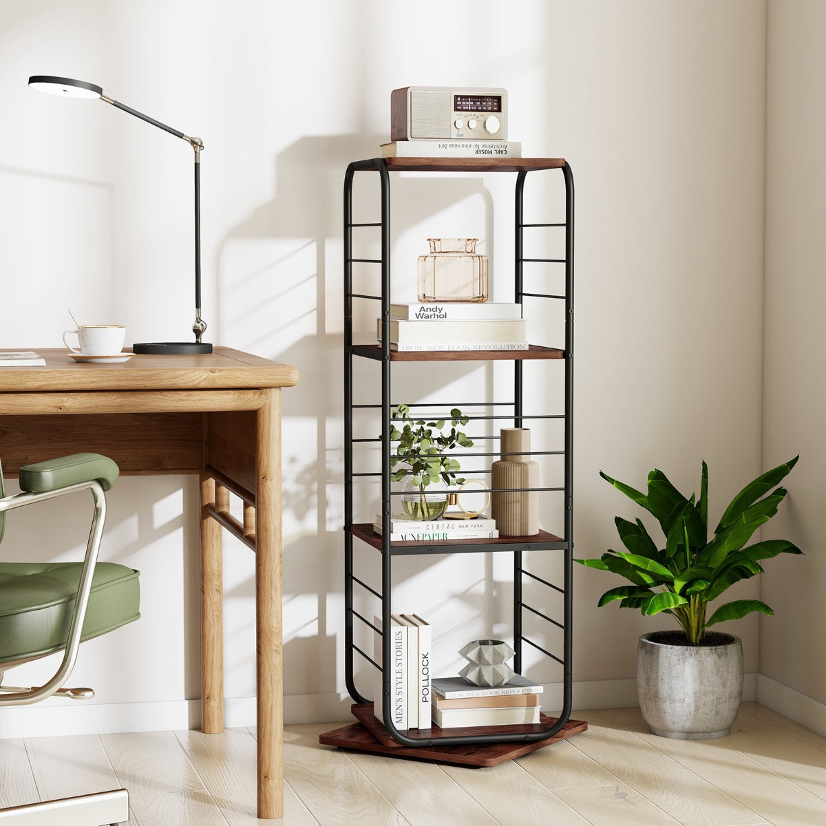 Livsk costway 4 laags draaibare boekenkast 360 draaibare boekentoren met metalen frame staande opbergkast voor kantoor en woonkamer bruin