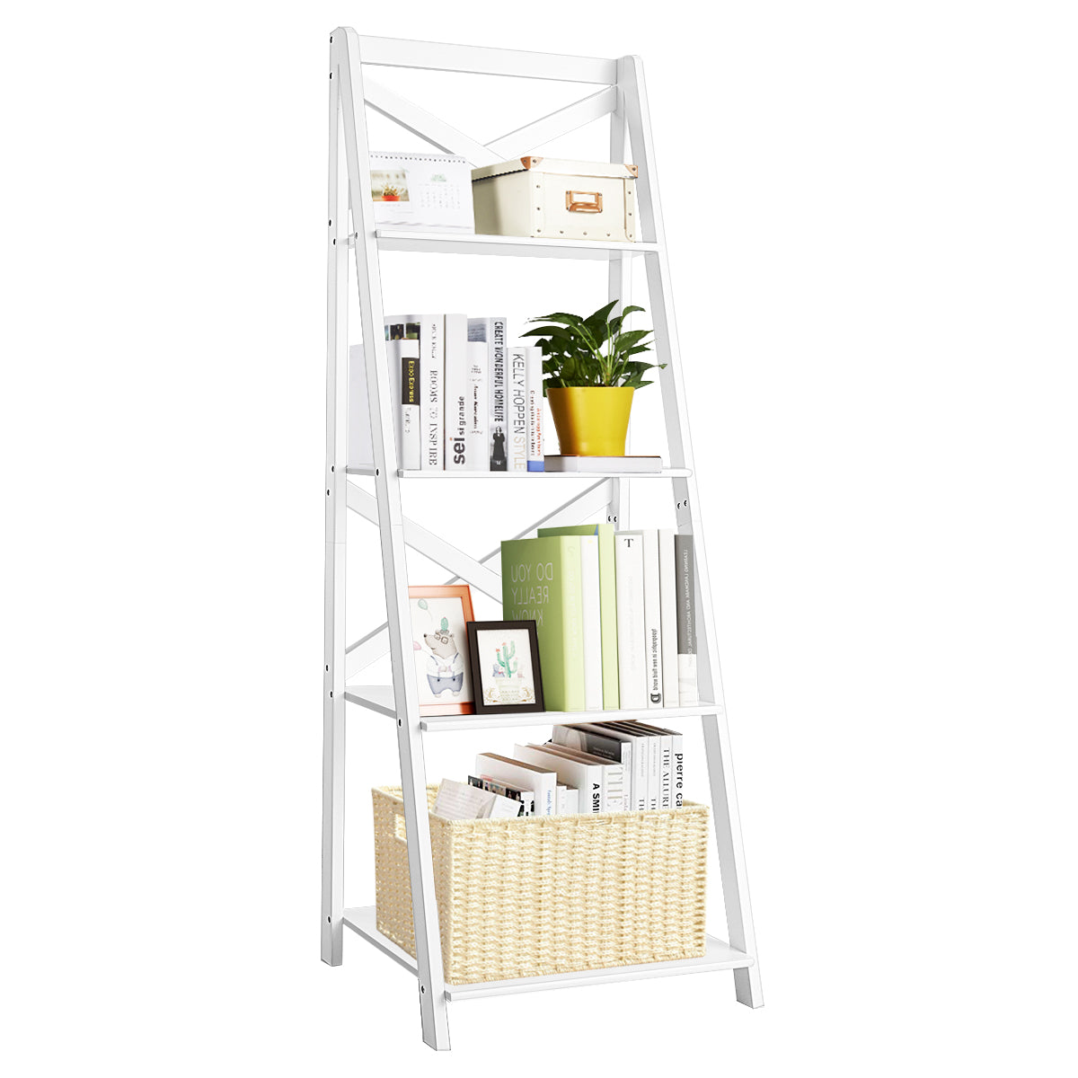 LIVSK A-vormige boekenkast - 4 Planken - Multifunctioneel Displayrek - Milieuvriendelijk MDF - 5kg per plank - Wit