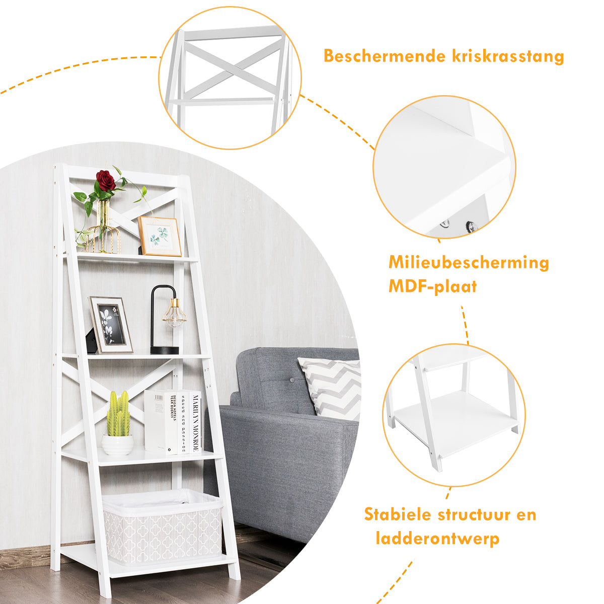 LIVSK A-vormige boekenkast - 4 Planken - Multifunctioneel Displayrek - Milieuvriendelijk MDF - 5kg per plank - Wit
