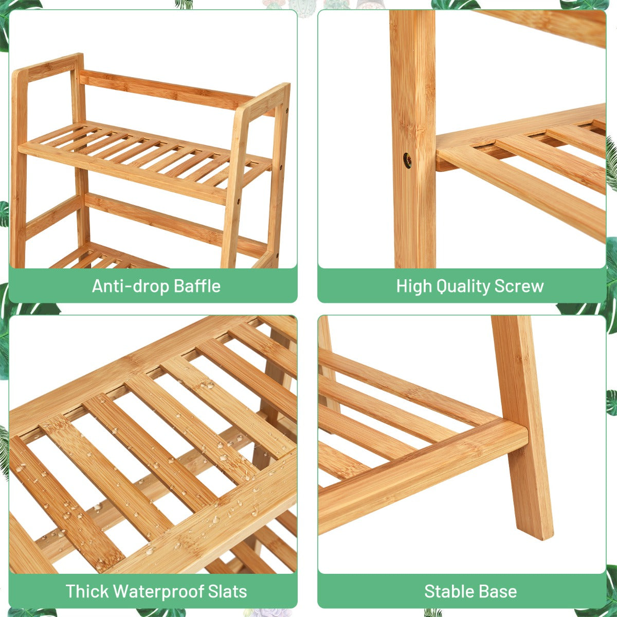 LIVSK Vrijstaande 4-laags Bamboe Ladderplank - Efficiënte Opslag met Hekken - Tot 10 kg per Laag - 48 x 32 x 114 cm - Naturel