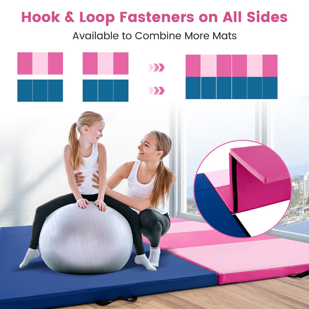 LIVSK Opvouwbare Yogamat - 5 cm EPE-schuim - Handgrepen - Klittenbandsluitingen - Gemakkelijk schoon te maken - Roze