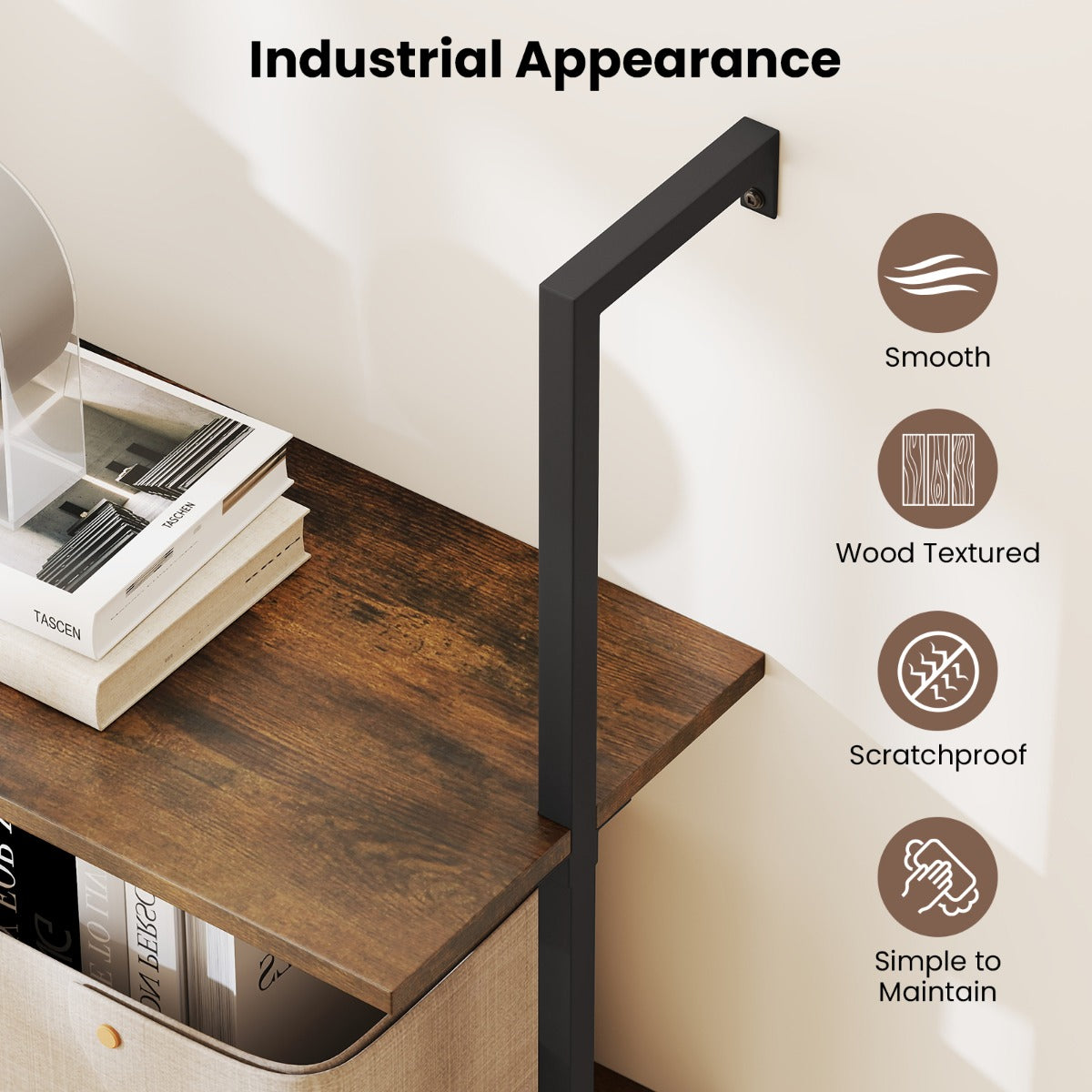 Livsk costway 4 laags wandrek modern zwevend opbergrek met metalen frame wandgemonteerde houten ladderboekenkast 3