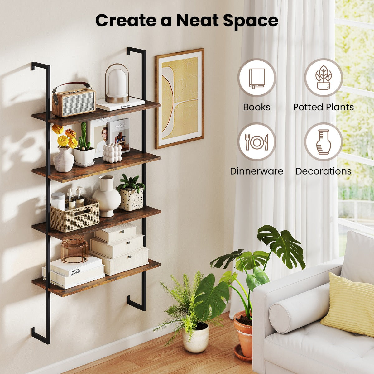 Livsk costway 4 laags wandrek modern zwevend opbergrek met metalen frame wandgemonteerde houten ladderboekenkast 4