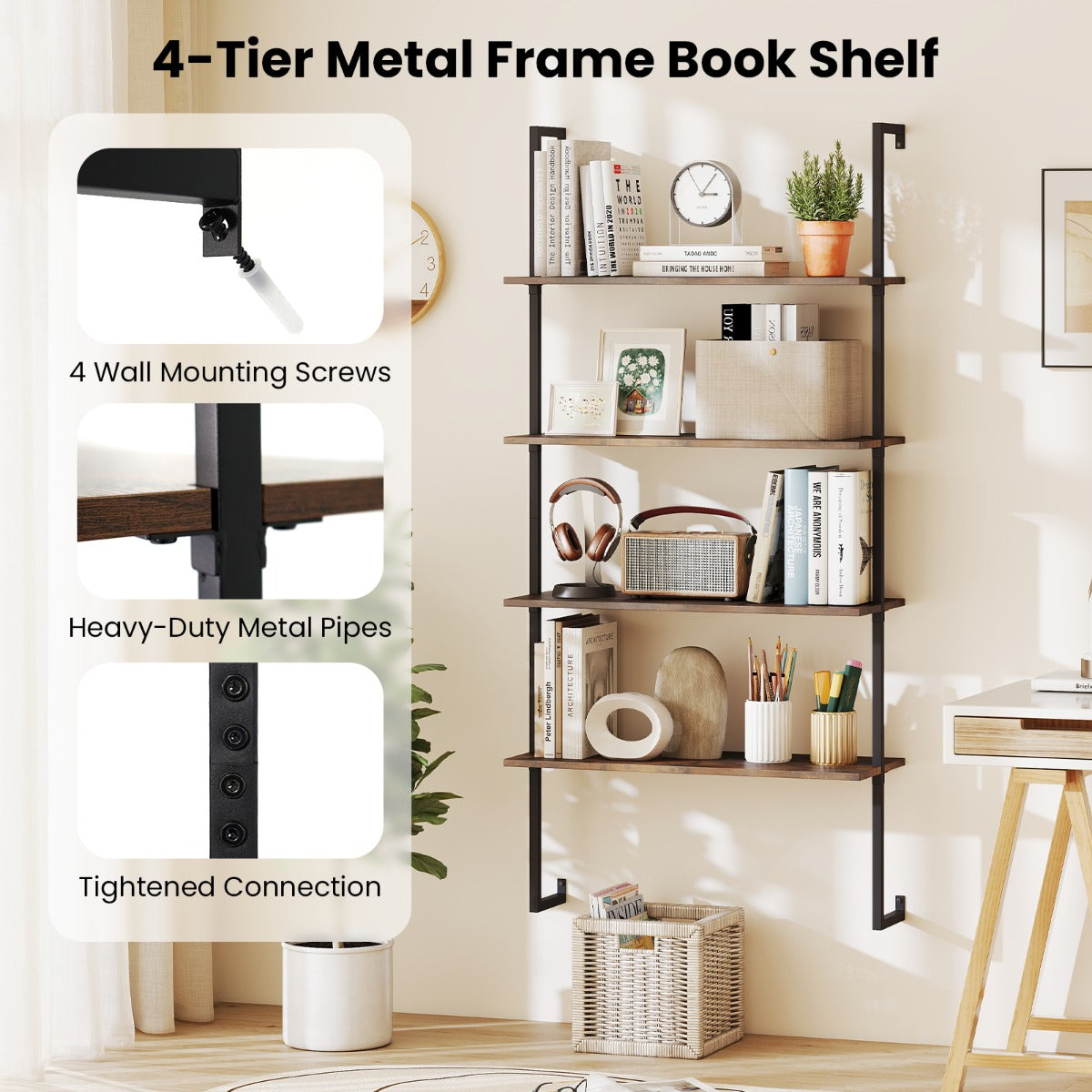 Livsk costway 4 laags wandrek modern zwevend opbergrek met metalen frame wandgemonteerde houten ladderboekenkast 5