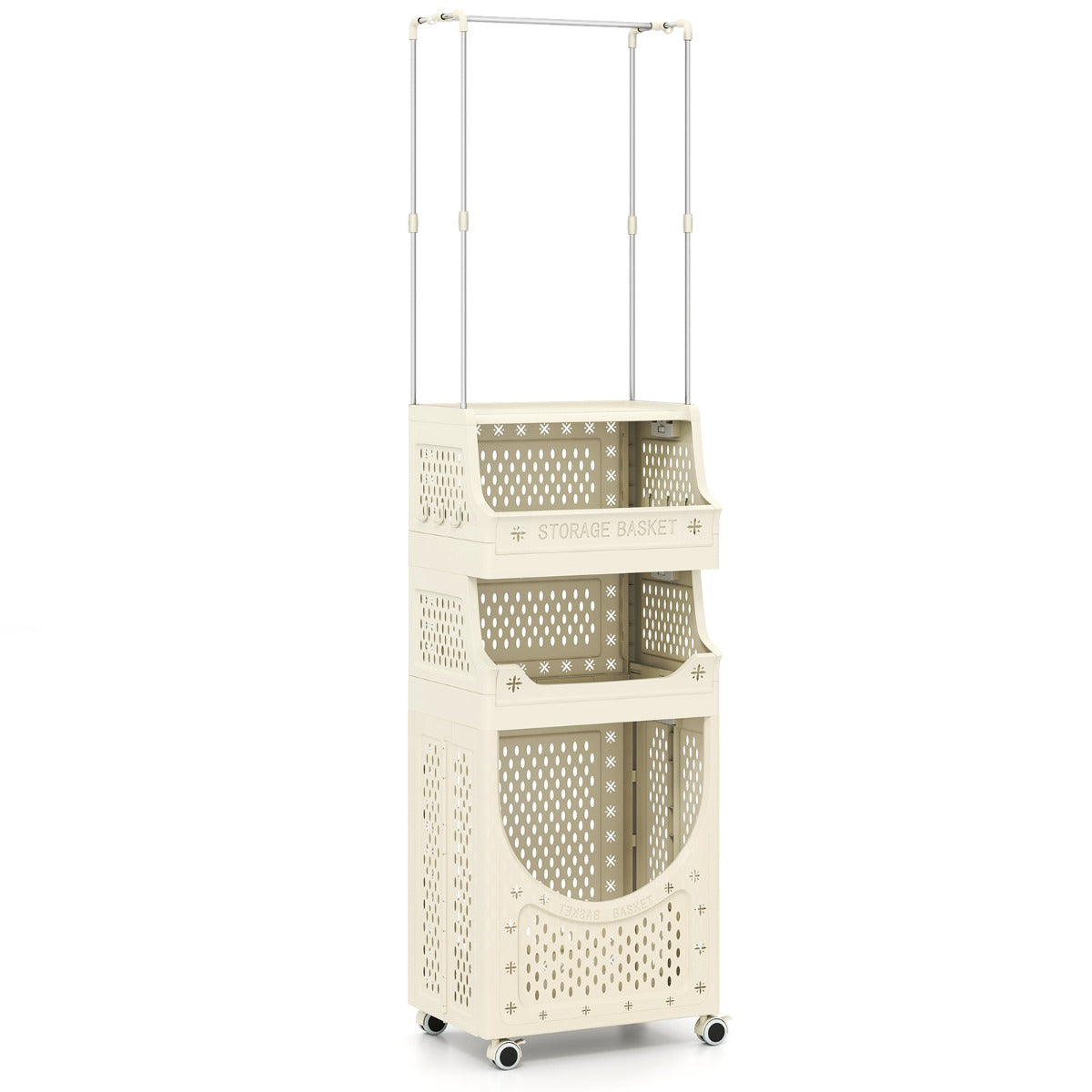 Livsk costway 4 laags waskar met kledingrek opvouwbare wasmand met vergrendelbare wielen 2 manden en 8 haken 1 1