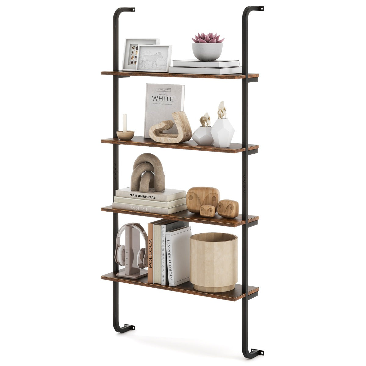 LIVSK 4-laags Industrieel Wandrek - Ruimtebesparend Metalen Frame - Tot 20 kg Per Plank - Voor Boeken en Decoraties - Rustiek