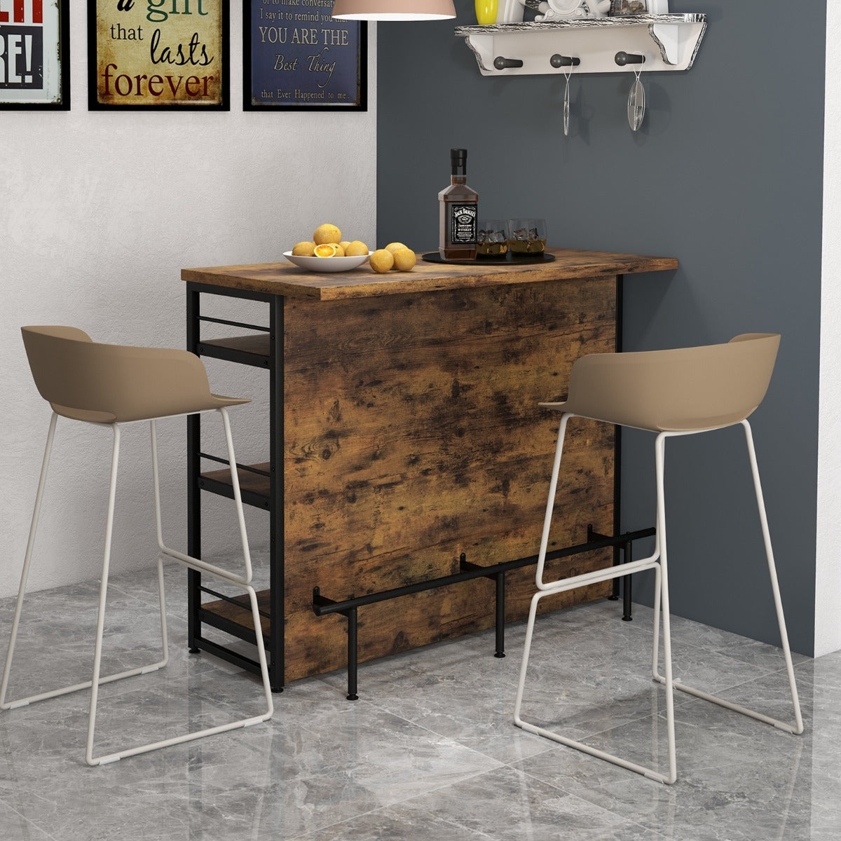 LIVSK Industriële Wijnbar met Wijnglashouder - 4 Niveaus - Stijlvol Zwart Frame - Ruim Barblad 120 x 60 cm - Rustiek Bruin