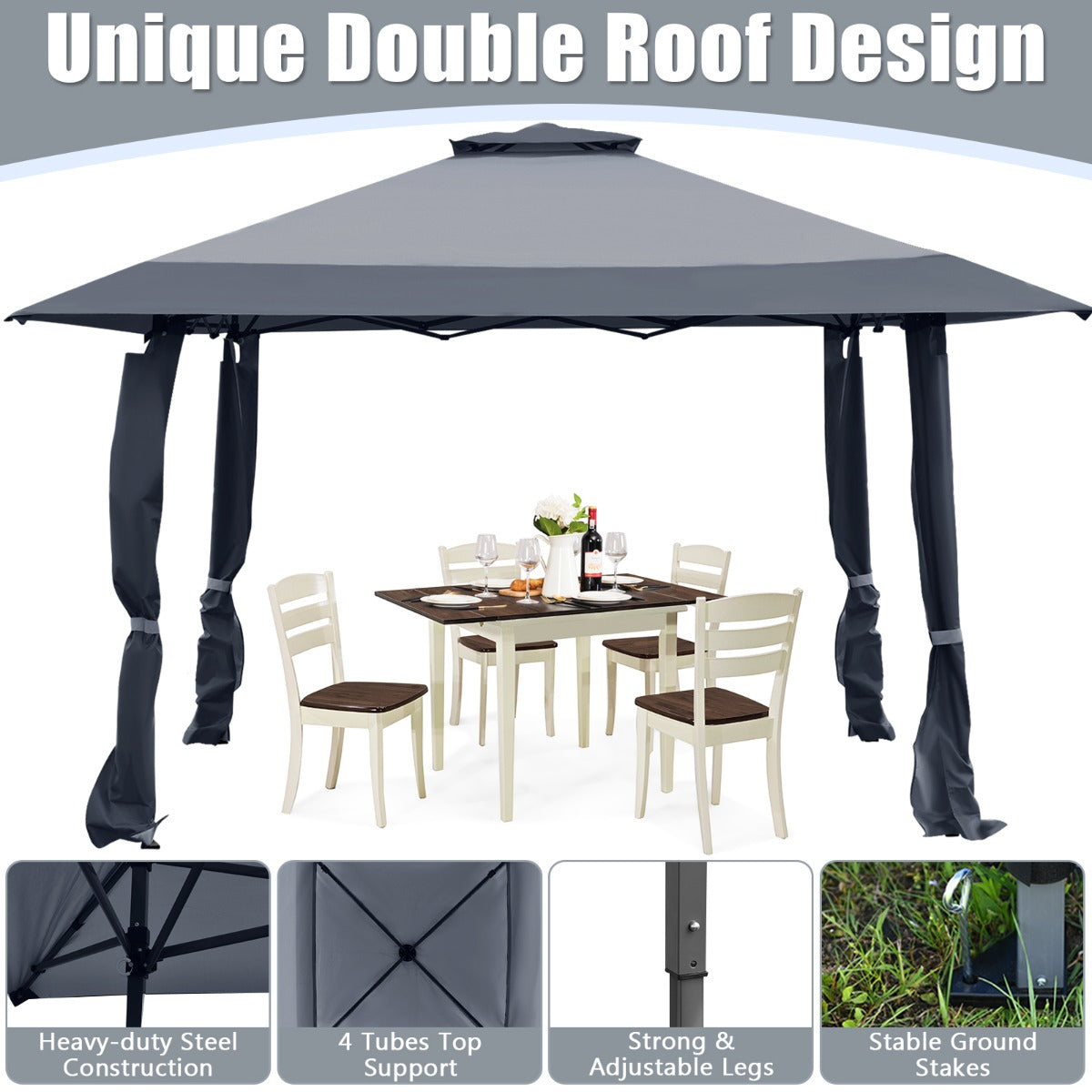 LIVSK Overkappingstent met Dubbel Dak - Oxford Doek - Inklapbaar - 3 Hoogtes - Compact met Opbergtas - 395 x 395 cm - Grijs
