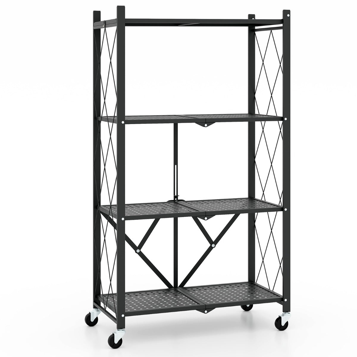 LIVSK Opvouwbare Opbergplank - Stevig Metalen Frame - 4 Niveaus - Vergrendelbare Zwenkwielen - Tot 60 kg - Zwart