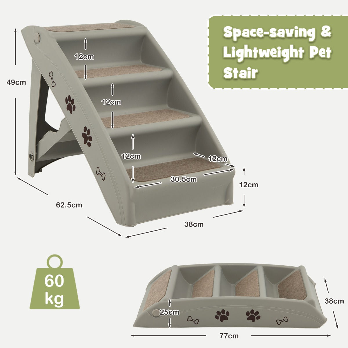 LIVSK Opvouwbare Huisdierentrap - Voor Kleine en Middelgrote Huisdieren - Stabiel en Veilig - Draagvermogen 60 kg - Grijs