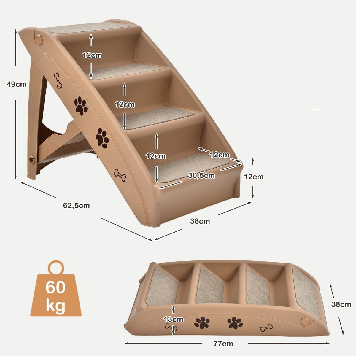 LIVSK Opvouwbare Huisdierentrap - Lichtgewicht en Draagbaar - Antislip - Tot 60 kg - 60 x 39 x 49 cm - Koffie