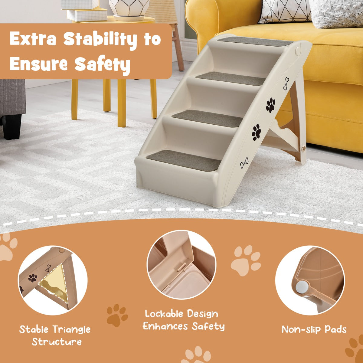 LIVSK Opvouwbare Huisdierentrap - Lichtgewicht en Draagbaar - Antislip - Tot 60 kg - 60 x 39 x 49 cm - Koffie