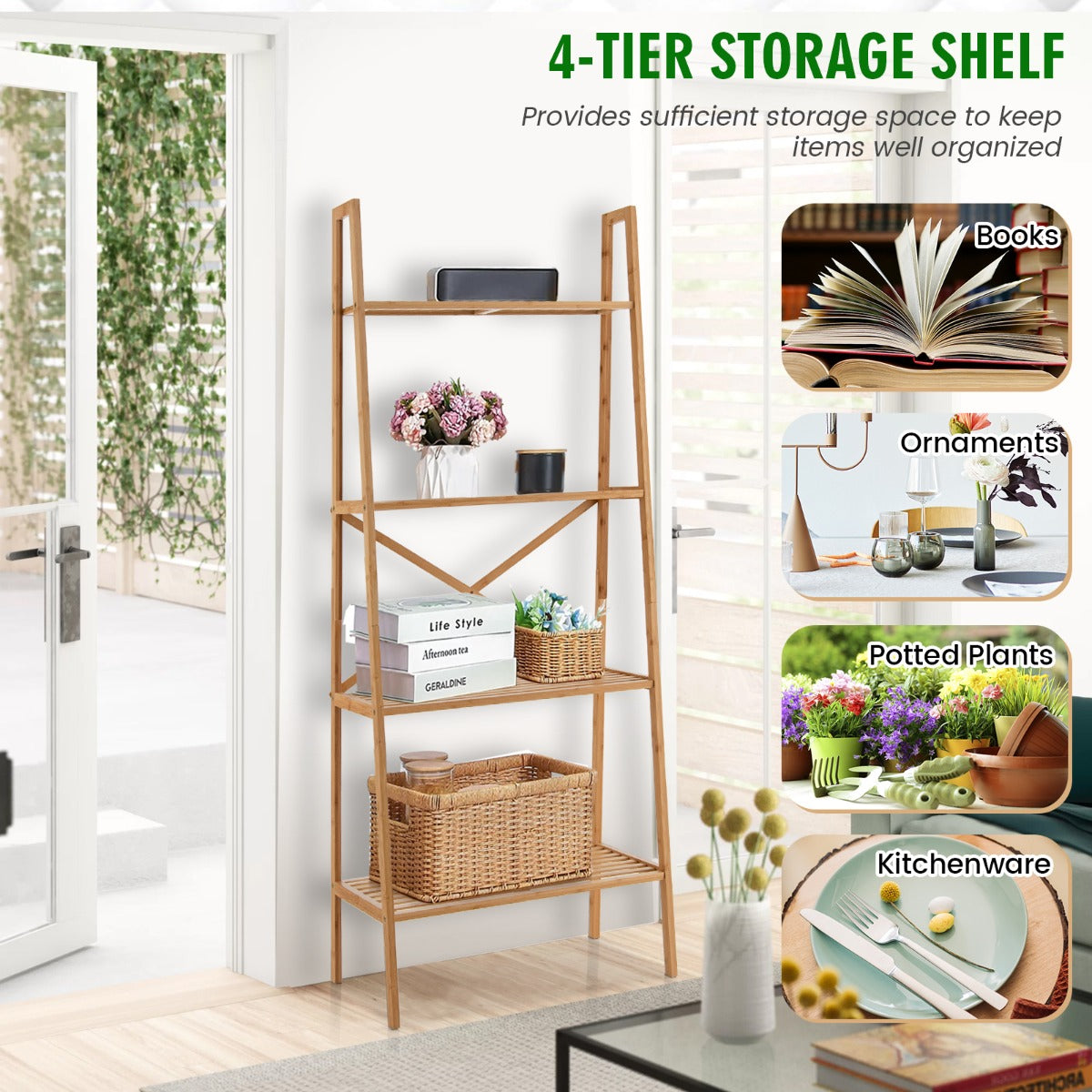 Livsk costway 4 tier ladderplank gemaakt van bamboe multifunctionele plantentribune vertoningsplank voor woonkamer keuken bureau natuur 3