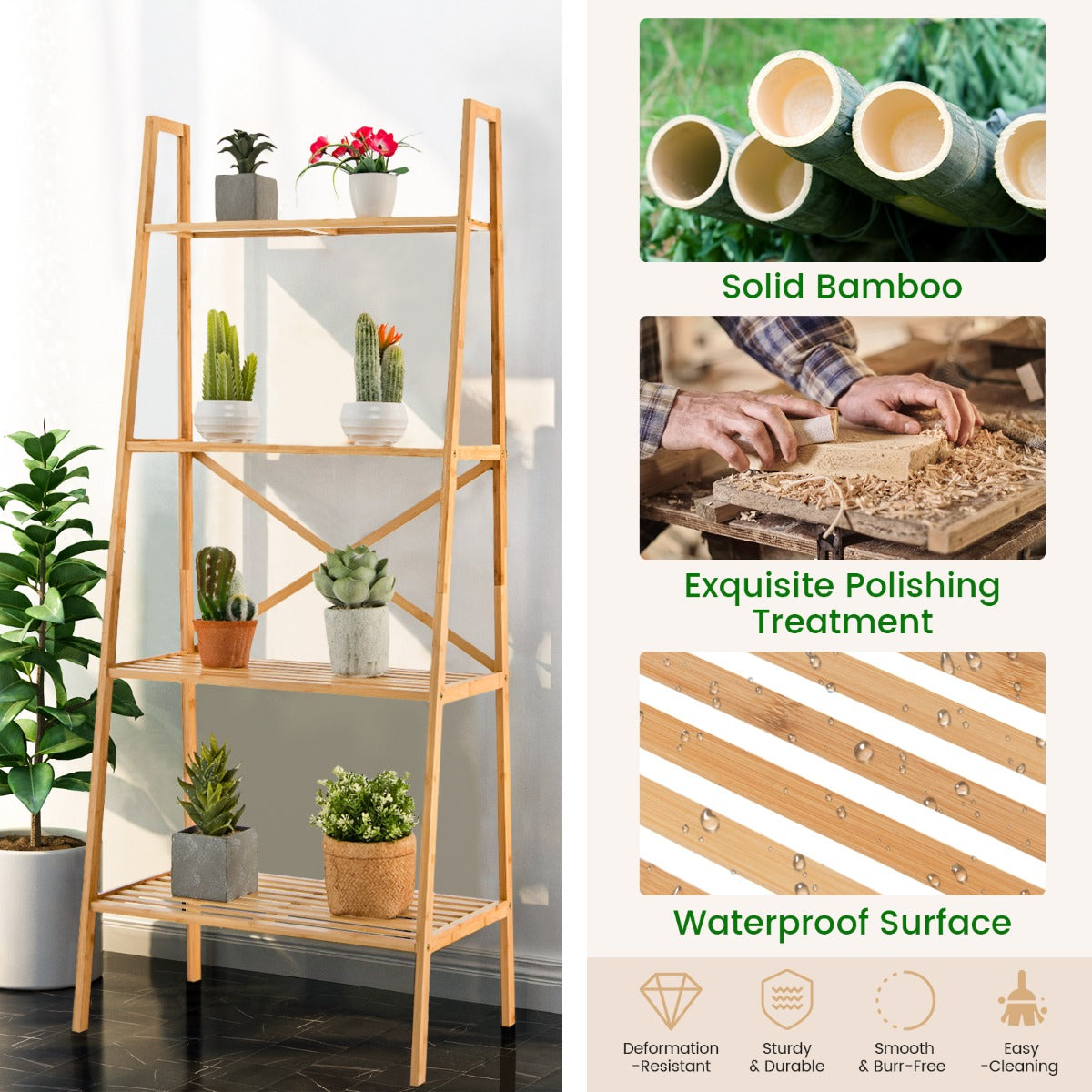 Livsk costway 4 tier ladderplank gemaakt van bamboe multifunctionele plantentribune vertoningsplank voor woonkamer keuken bureau natuur 6