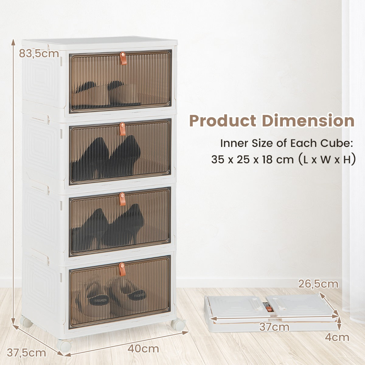 LIVSK Opvouwbare Schoenenorganiser - 4 Niveaus - Duurzaam PP-materiaal - Transparante Deuren - 40 x 37,5 x 83,5 cm - Wit + Bruin