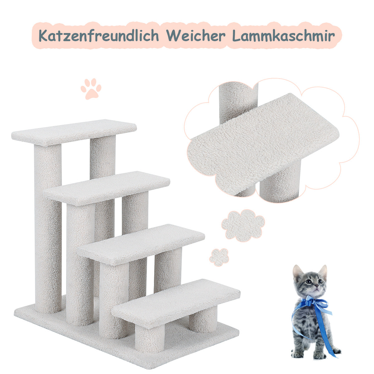 LIVSK 4-traps Huisdierentrap - Voor Kleine en Oude Huisdieren - Comfortabele Imitatievacht - Stevig Hout - Tot 25 kg -