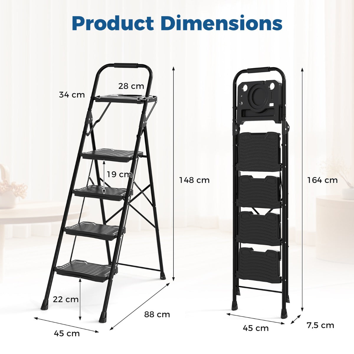 Livsk costway 4 treden ladder met gereedschapsbak multifunctionele draagbare klapladder voor thuis keuken kantoor 2