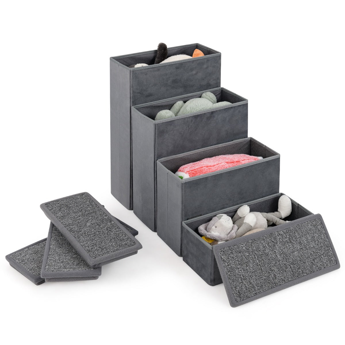 LIVSK 4-traps Hondentrap - Opvouwbaar met Opbergruimte - Antislip en Zacht Fluweel - Voor Kleine en Middelgrote Honden - Grijs