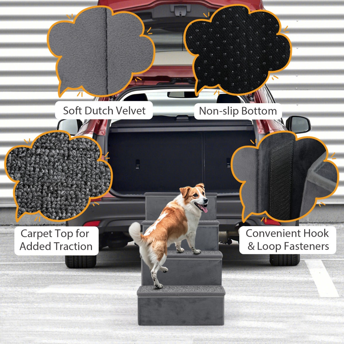 LIVSK 4-traps Hondentrap - Opvouwbaar met Opbergruimte - Antislip en Zacht Fluweel - Voor Kleine en Middelgrote Honden - Grijs