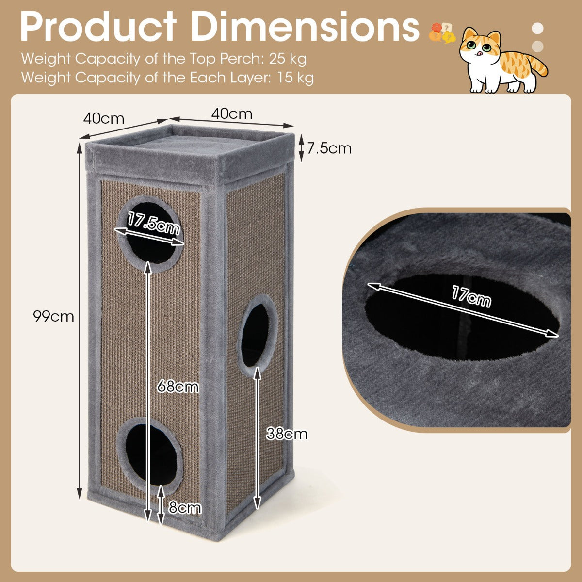LIVSK Kattenhuis - 4 Verdiepingen - 3 Schuilplaatsen - Krabplanken - Pluche Kussens - 40 x 40 x 99 cm - Grijs