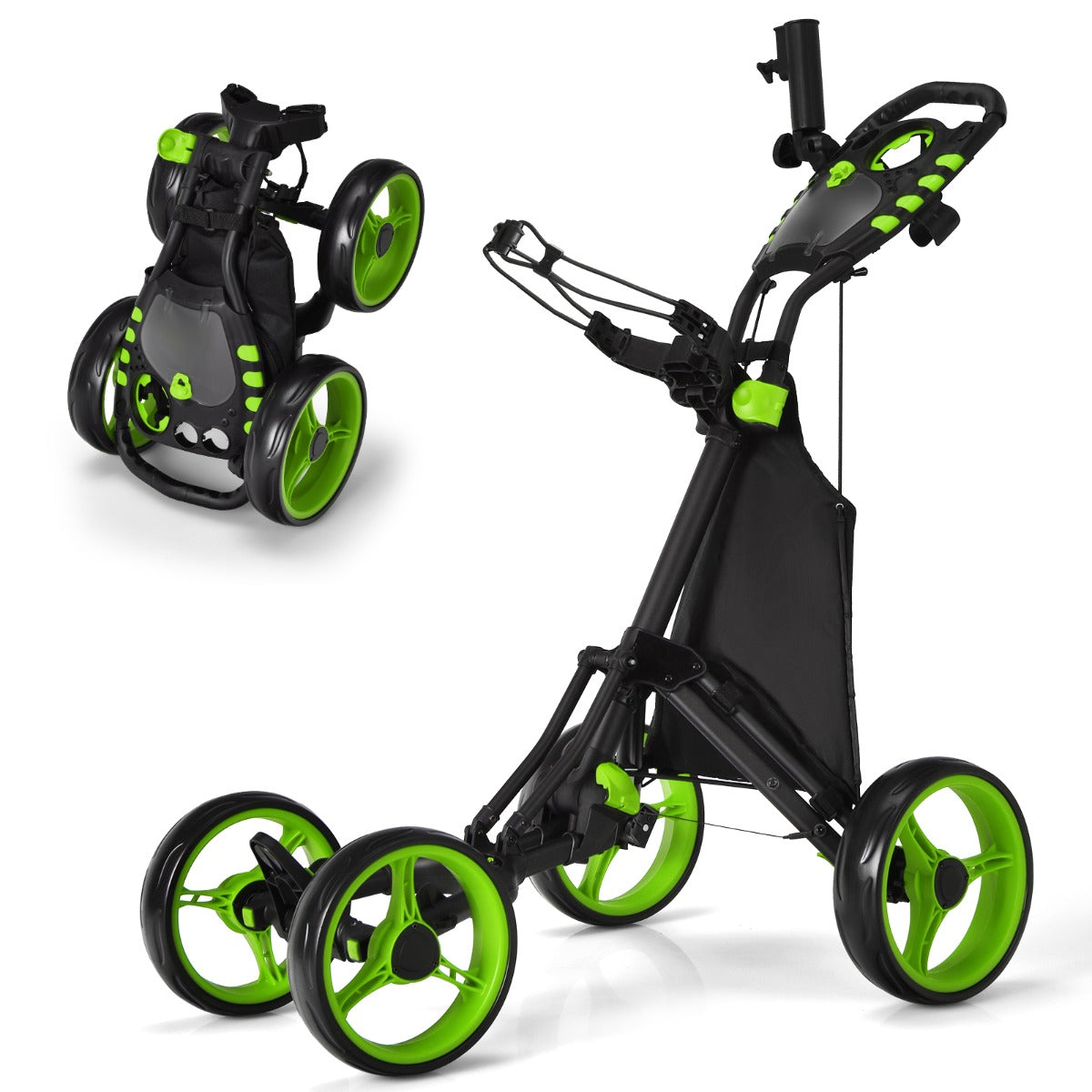 LIVSK Opvouwbare Golftrolley - Aluminium - 4 EVA Wielen - Ergonomische Handgreep - Tot 25 kg - 110,5 x 65 x 110,5 cm - Groen