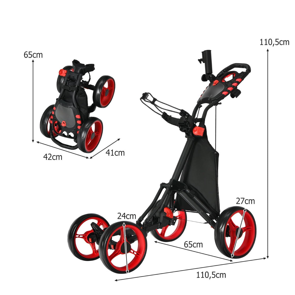 LIVSK Opvouwbare Golftrolley - Aluminium - 4 EVA-wielen - Verstelbare Handgreep - Tot 25 kg - 110,5 x 65 x 110,5 cm - Rood