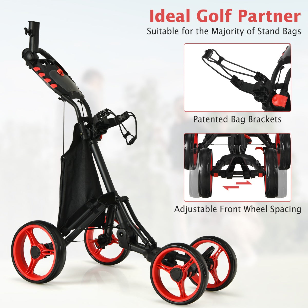LIVSK Opvouwbare Golftrolley - Aluminium - 4 EVA-wielen - Verstelbare Handgreep - Tot 25 kg - 110,5 x 65 x 110,5 cm - Rood