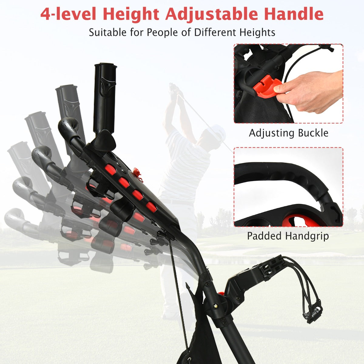 LIVSK Opvouwbare Golftrolley - Aluminium - 4 EVA-wielen - Verstelbare Handgreep - Tot 25 kg - 110,5 x 65 x 110,5 cm - Rood