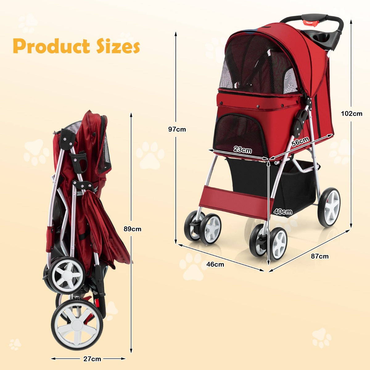 LIVSK Opvouwbare Huisdierenwagen - Ademend met 4 Gaasramen - Bekerhouder en Opbergmand - Tot 15 kg - 87 x 46 x 102 cm - Rood