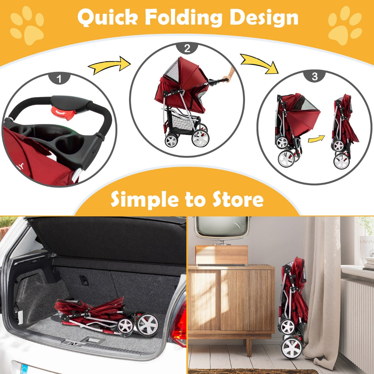 LIVSK Opvouwbare Huisdierenwagen - Ademend met 4 Gaasramen - Bekerhouder en Opbergmand - Tot 15 kg - 87 x 46 x 102 cm - Rood