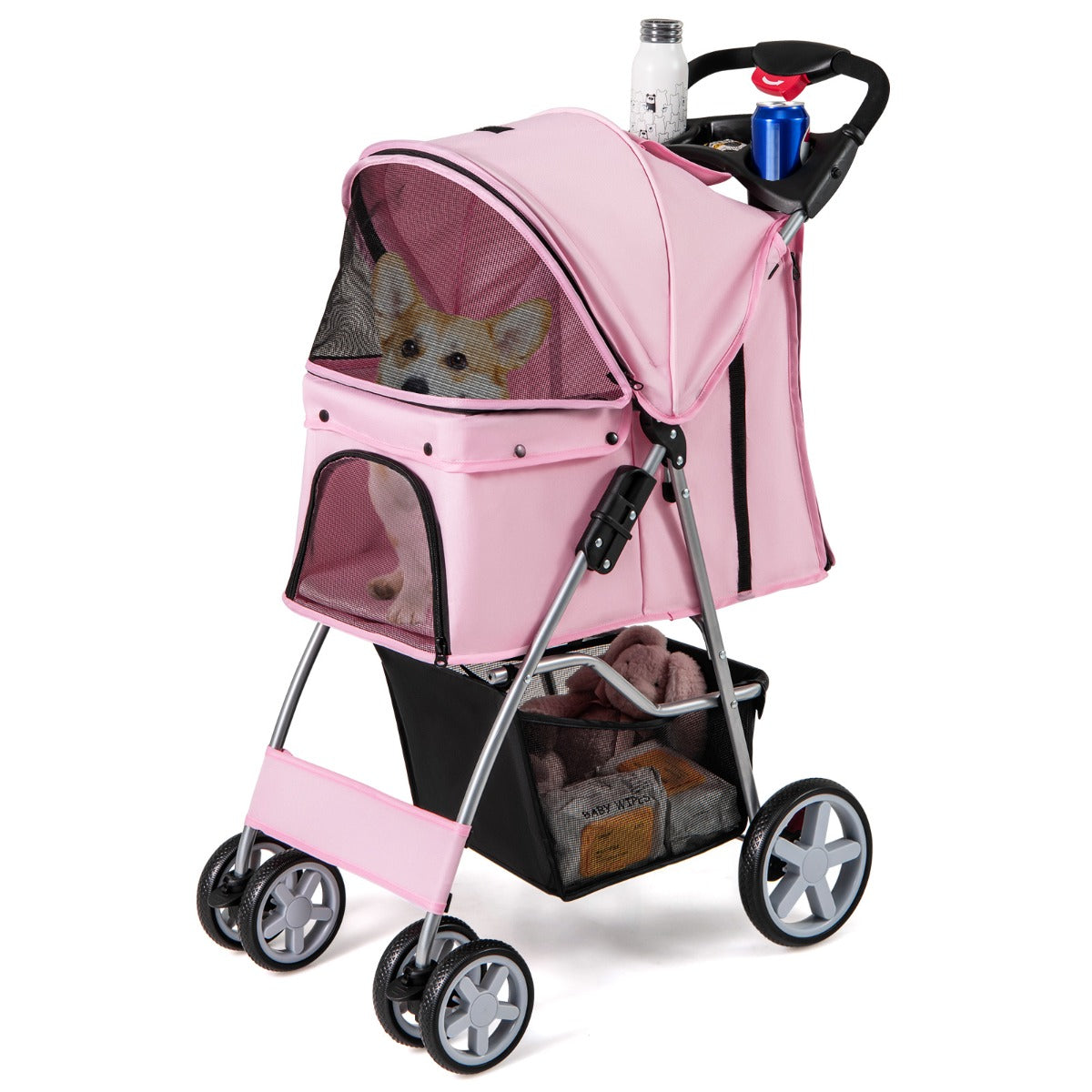 LIVSK Draagbare Huisdierwagen - Opvouwbaar met Ademend Ontwerp - Inclusief Bekerhouder en Opbergmand - Tot 15 kg - Roze/Grijs